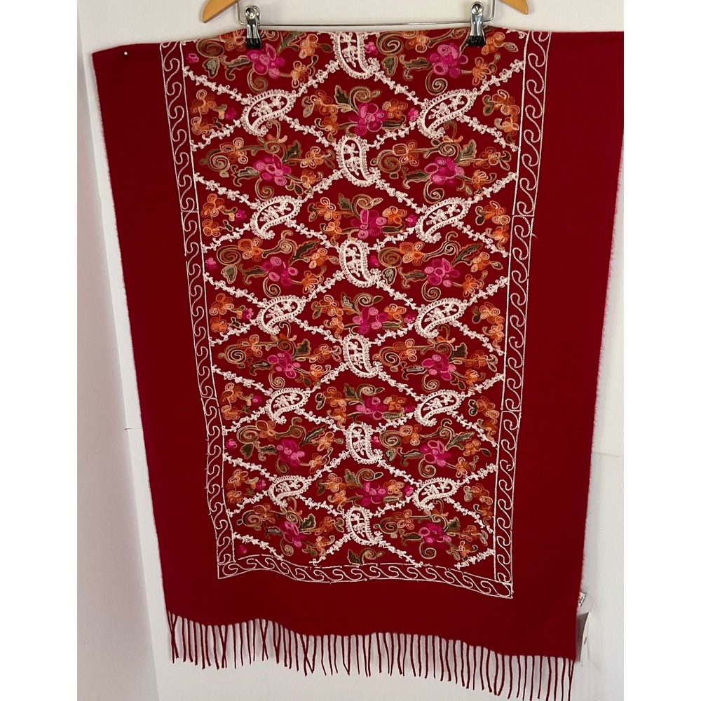 Jessica McClintock Red Embroidered Floral Paisley Fringe Wrap Shawl Scarf NWT